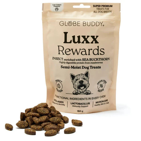 Globe Buddy Luxx Rewards, bløde snacks, insektprotein og havtorn, 150 g
