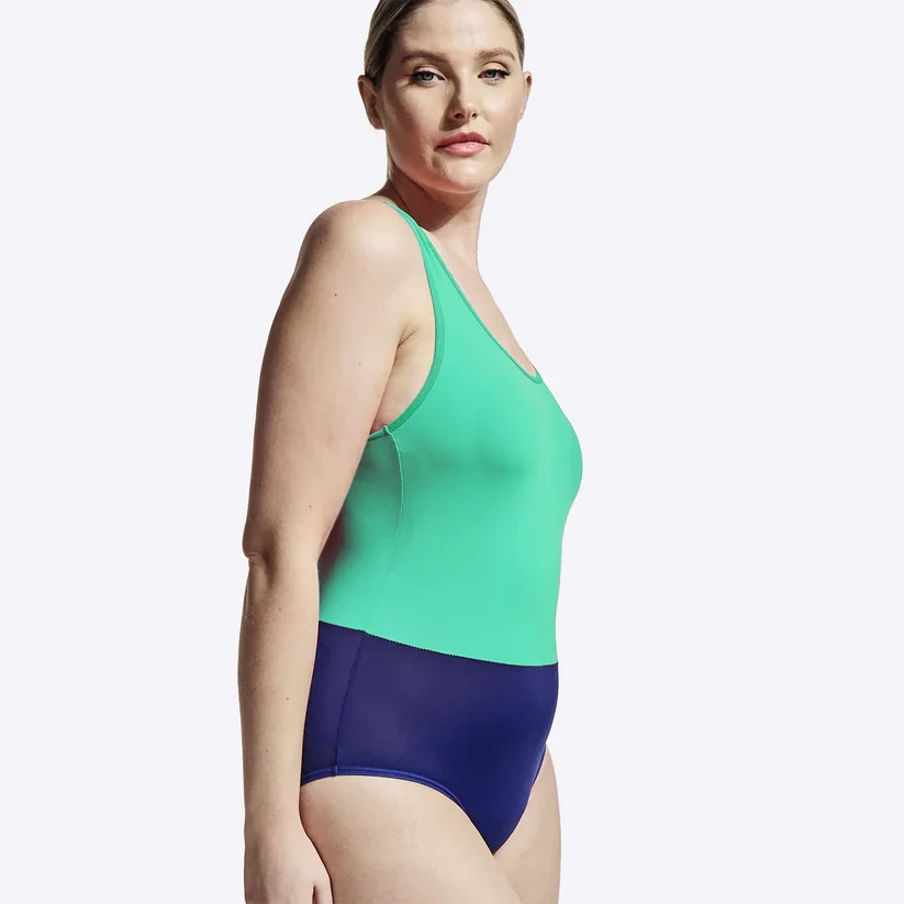 WUKA To-farvet Badedragt til Menstruation – Grøn/Blå