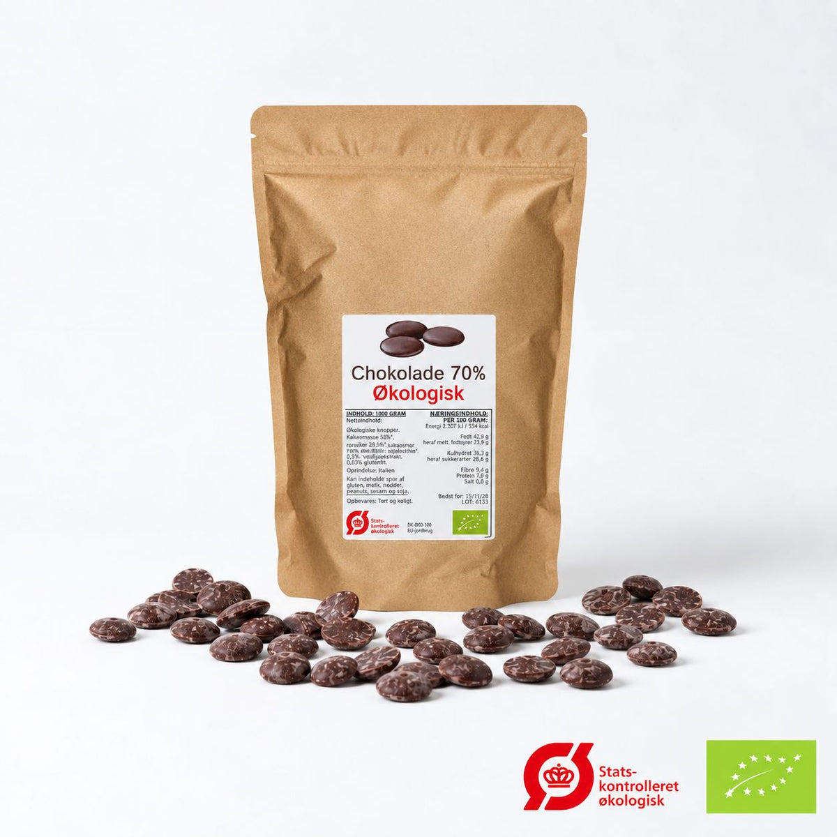 Suztain Økologiske Chokoladeknapper Mørk 70% - 1000 Gram