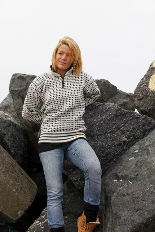 Islandsk Sweater 100% uld m/lynlås - Hvid